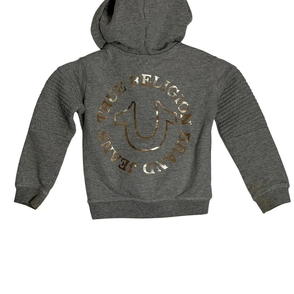 True‎ Religion Kids 2T Heather Gray Quarter Zip Moto Hoodie Gold Foil Logo